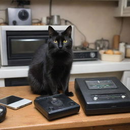 A sleek black cat with a vintage audio player beside it, situated in a cluttered and disheveled kitchen.