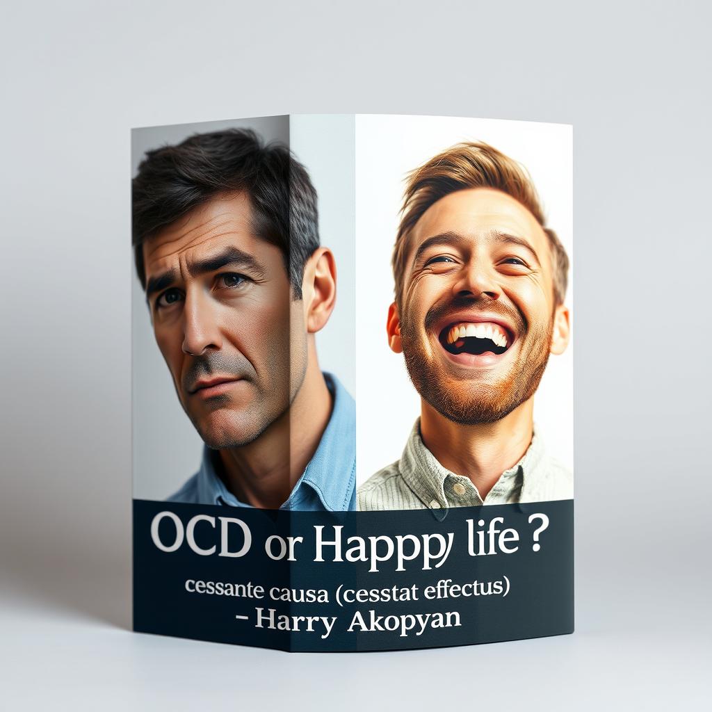 A thought-provoking book cover for a psychology book titled "OCD or Happy Life?" featuring two realistic images of men representing contrasting emotions