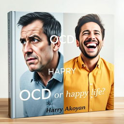 A thought-provoking book cover for a psychology book titled "OCD or Happy Life?" featuring two realistic images of men representing contrasting emotions