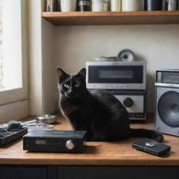 A sleek black cat with a vintage audio player beside it, situated in a cluttered and disheveled kitchen.