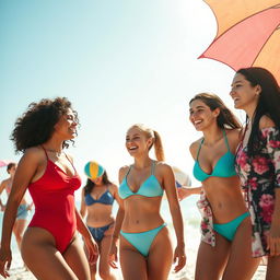 A vibrant summer scene featuring a group of diverse young women enjoying a sunny day at the beach