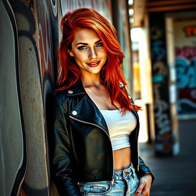 An alluring and confident young woman with fiery red hair, wearing a stylish black leather jacket paired with a fitted white crop top and high-waisted denim shorts