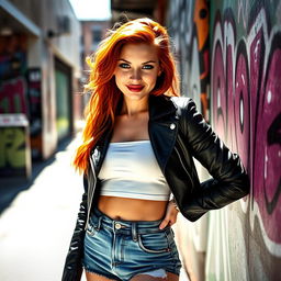 An alluring and confident young woman with fiery red hair, wearing a stylish black leather jacket paired with a fitted white crop top and high-waisted denim shorts