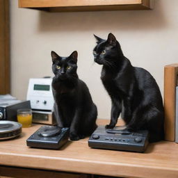 A sleek black cat with a vintage audio player beside it, situated in a cluttered and disheveled kitchen.