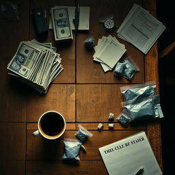 A movie poster featuring a top-down view of a rustic wooden table