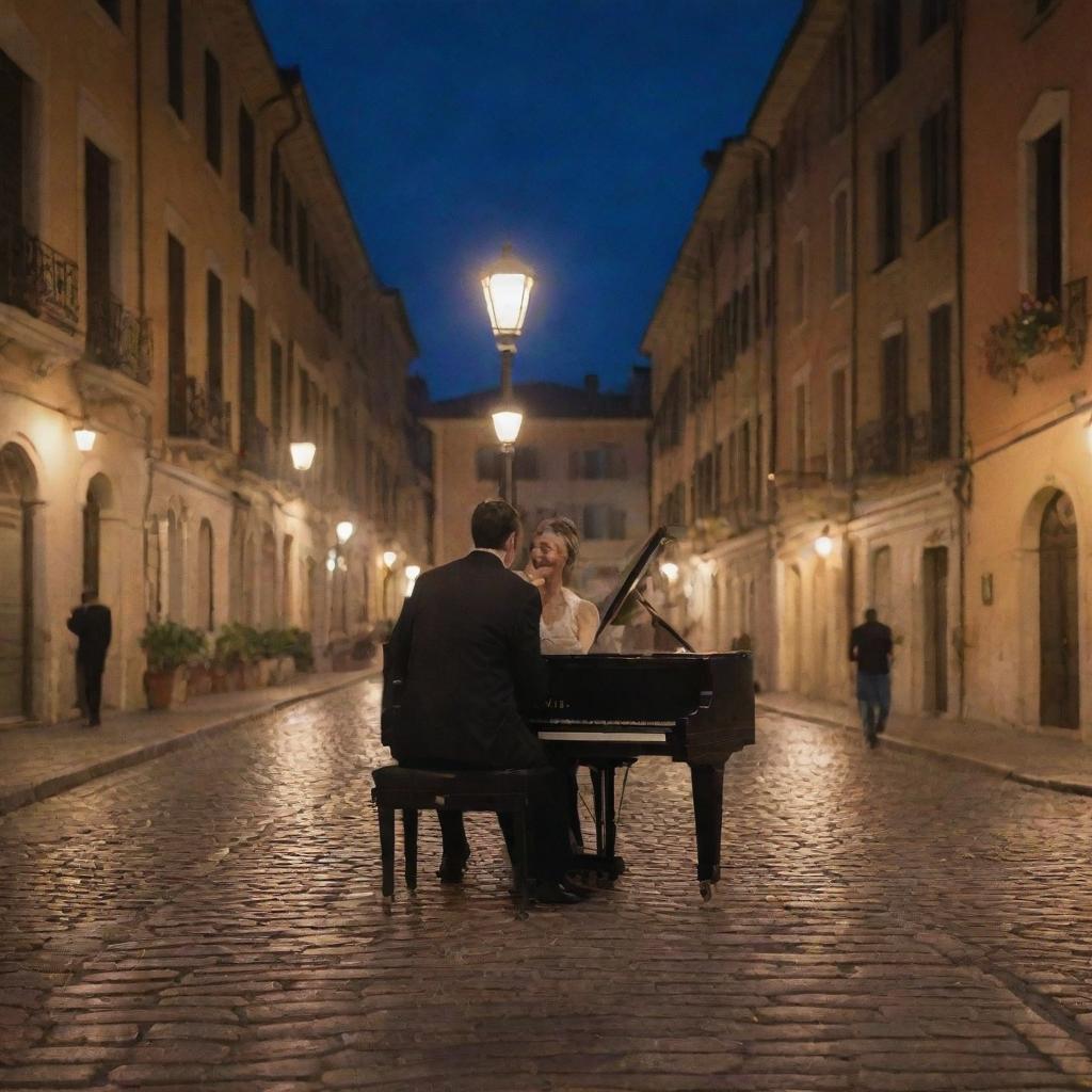 Reimagine the scene at nighttime. The couple casually dressed is sharing a moment at the piano under the glow of classical street lamps on a bustling Italian street. The surrounding architecture, people strolling in the background, and the cobblestone street are beautifully illuminated.