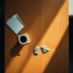 A minimalistic movie poster featuring a top-down view of a sleek wooden table