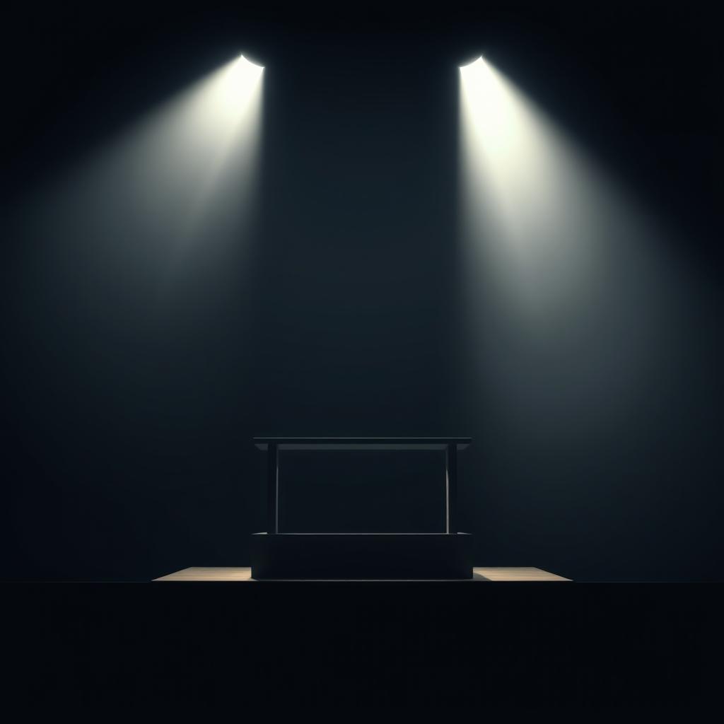 A minimalistic movie poster depicting a stark witness stand in a courtroom setting, illuminated by a single spotlight