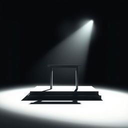 A minimalistic movie poster depicting a stark witness stand in a courtroom setting, illuminated by a single spotlight