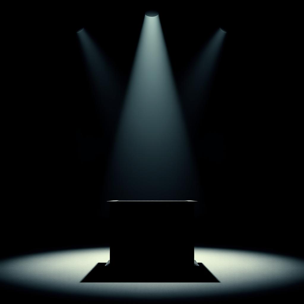 A minimalistic movie poster depicting a stark witness stand in a courtroom setting, illuminated by a single spotlight