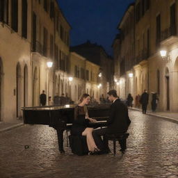 Reimagine the scene at nighttime. The couple casually dressed is sharing a moment at the piano under the glow of classical street lamps on a bustling Italian street. The surrounding architecture, people strolling in the background, and the cobblestone street are beautifully illuminated.