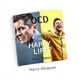 An impactful book cover design for a psychology book titled "OCD or Happy Life?" featuring a realistic depiction of two contrasting men on a light background
