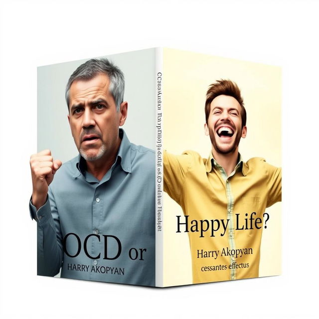 An impactful book cover design for a psychology book titled "OCD or Happy Life?" featuring a realistic depiction of two contrasting men on a light background