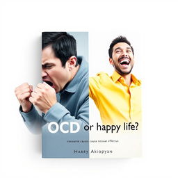 An impactful book cover design for a psychology book titled "OCD or Happy Life?" featuring a realistic depiction of two contrasting men on a light background