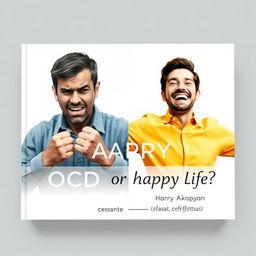 An impactful book cover design for a psychology book titled "OCD or Happy Life?" featuring a realistic depiction of two contrasting men on a light background