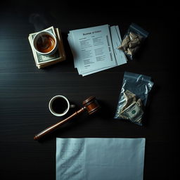 A movie poster showcasing a dark wooden table seen from a top-down perspective