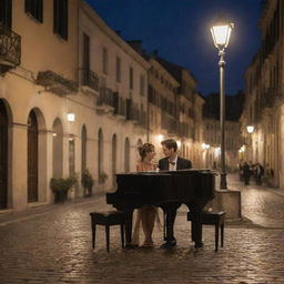 Reimagine the scene at nighttime. The couple casually dressed is sharing a moment at the piano under the glow of classical street lamps on a bustling Italian street. The surrounding architecture, people strolling in the background, and the cobblestone street are beautifully illuminated.