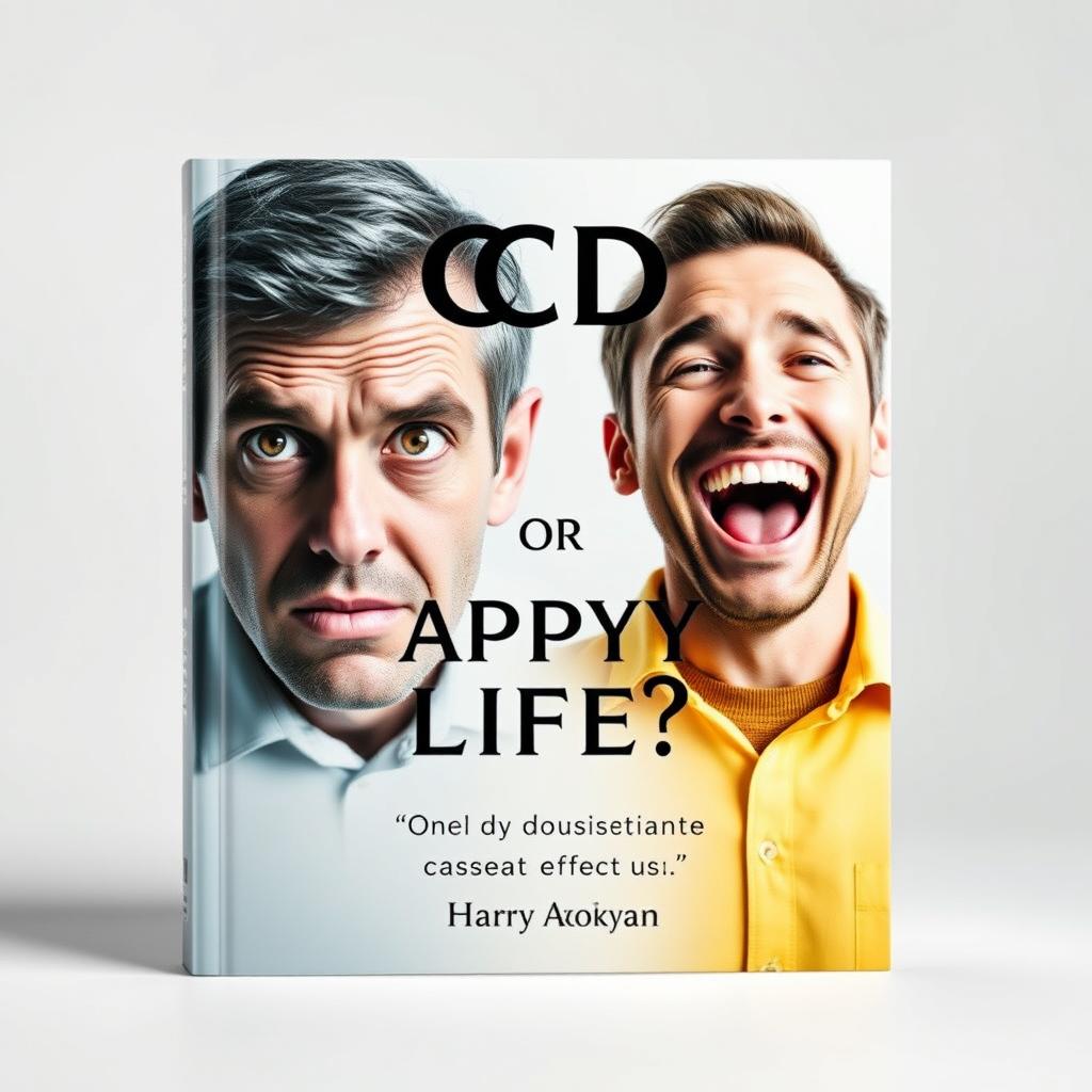 A compelling book cover design for a psychology book titled "OCD or Happy Life?" featuring two distinct images of men on a light background to symbolize contrasting emotional states