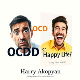 A compelling book cover design for a psychology book titled "OCD or Happy Life?" featuring two distinct images of men on a light background to symbolize contrasting emotional states