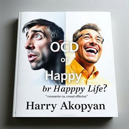 A compelling book cover design for a psychology book titled "OCD or Happy Life?" featuring two distinct images of men on a light background to symbolize contrasting emotional states