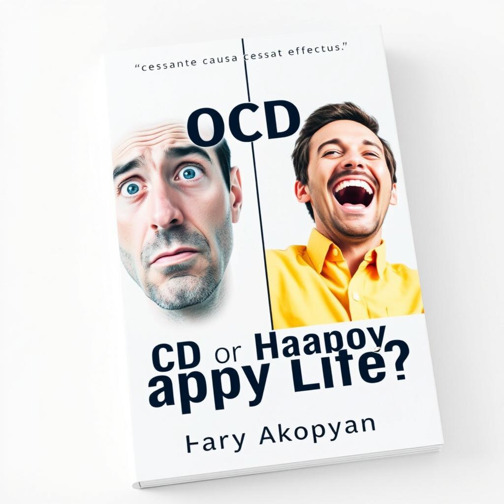 A compelling book cover design for a psychology book titled "OCD or Happy Life?" featuring two distinct images of men on a light background to symbolize contrasting emotional states