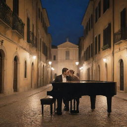 Reimagine the scene at nighttime. The couple casually dressed is sharing a moment at the piano under the glow of classical street lamps on a bustling Italian street. The surrounding architecture, people strolling in the background, and the cobblestone street are beautifully illuminated.