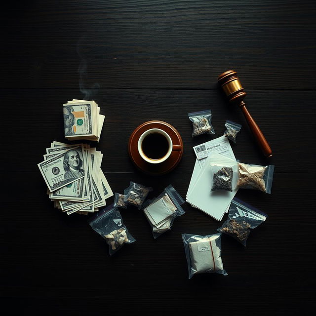 A movie poster featuring a zoomed-out view of a dark wooden table, captured from above