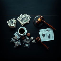 A movie poster featuring a zoomed-out view of a dark wooden table, captured from above