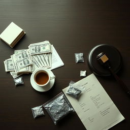 A movie poster featuring a zoomed-out view of a dark wooden table, captured from above
