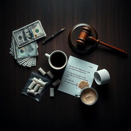 A movie poster featuring a zoomed-out view of a dark wooden table, captured from above