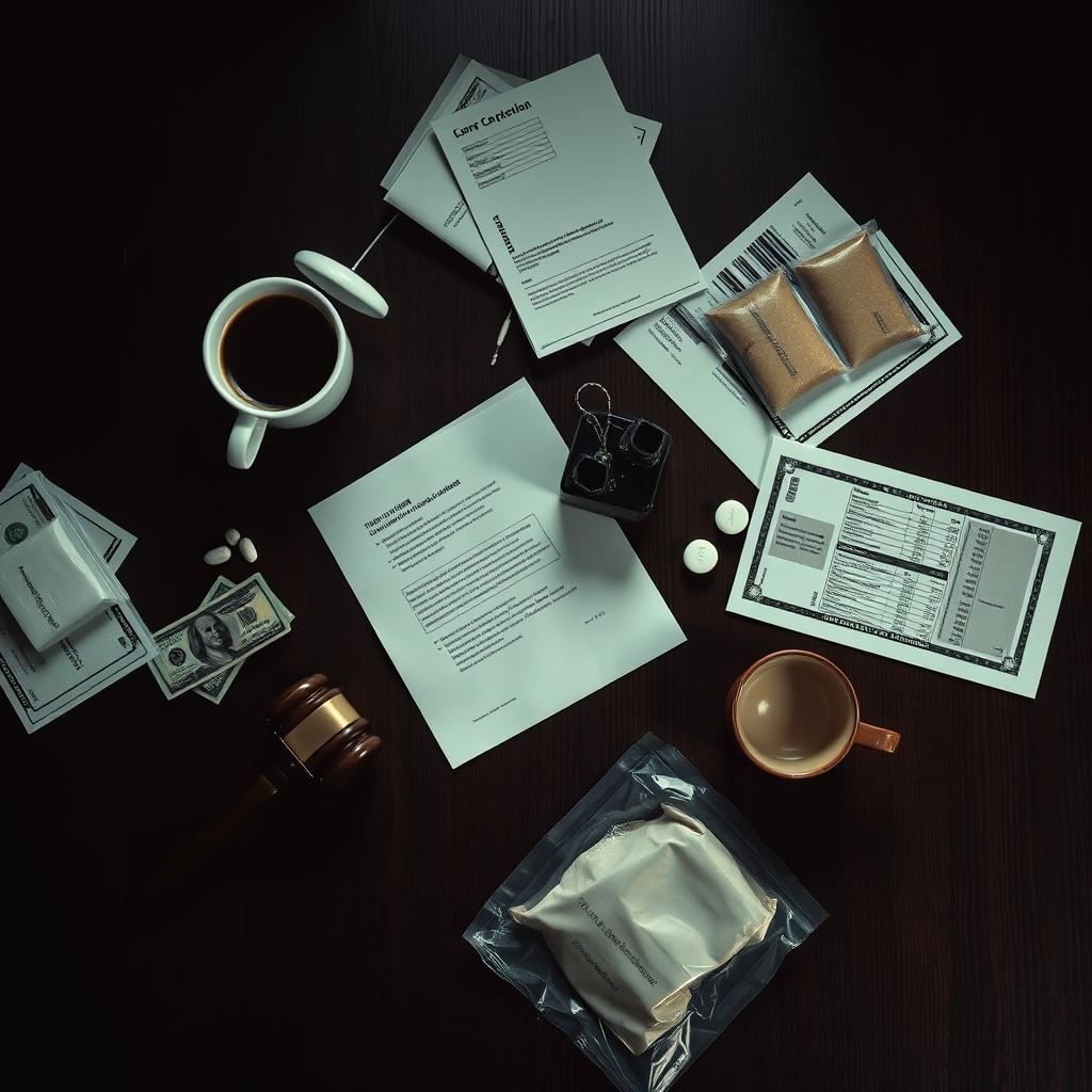 A movie poster featuring a zoomed-out view of a dark wooden table, captured from above