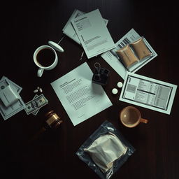 A movie poster featuring a zoomed-out view of a dark wooden table, captured from above