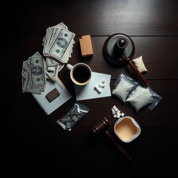 A movie poster featuring a zoomed-out view of a dark wooden table, captured from above