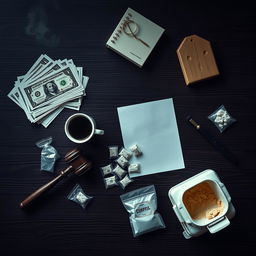 A movie poster featuring a zoomed-out view of a dark wooden table, captured from above