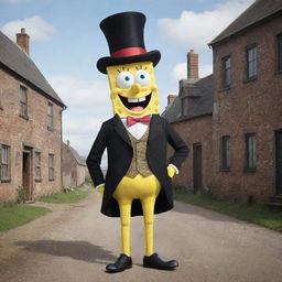 Spongebob Squarepants depicted in an 1830s milieu, donning a tall hat and frock coat, typical of the Victorian era, while passing his day in a historic, 19th-century version of Bikini Bottom.