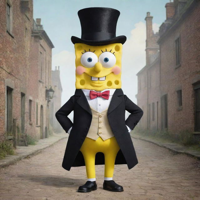 Spongebob Squarepants depicted in an 1830s milieu, donning a tall hat and frock coat, typical of the Victorian era, while passing his day in a historic, 19th-century version of Bikini Bottom.