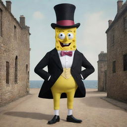 Spongebob Squarepants depicted in an 1830s milieu, donning a tall hat and frock coat, typical of the Victorian era, while passing his day in a historic, 19th-century version of Bikini Bottom.