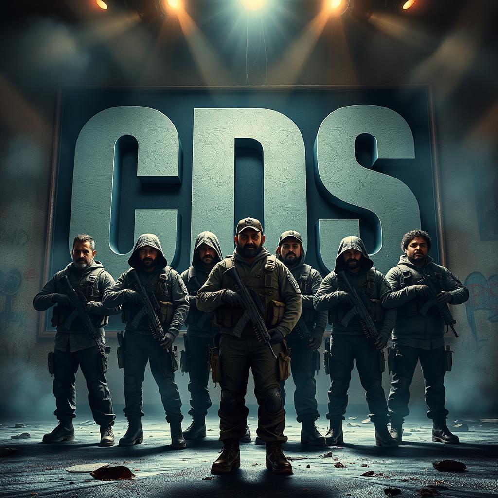 A powerful and gritty scene depicting a group of narcotraficantes standing in front of a large display of the letters 'CDS' prominently featured
