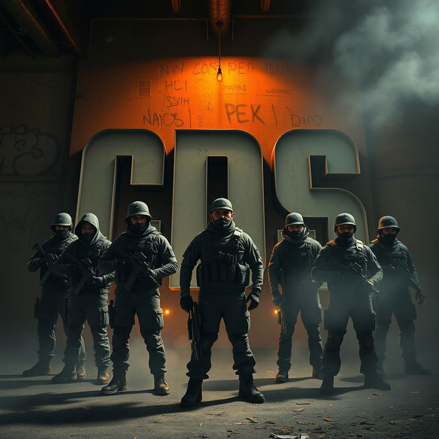 A powerful and gritty scene depicting a group of narcotraficantes standing in front of a large display of the letters 'CDS' prominently featured