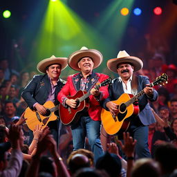 A vibrant and lively scene featuring the legendary Mexican musicians Ariel Camacho, Valentín Elizalde, and Chalino Sánchez gathered together on stage, performing in front of an energetic crowd