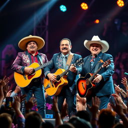 A vibrant and lively scene featuring the legendary Mexican musicians Ariel Camacho, Valentín Elizalde, and Chalino Sánchez gathered together on stage, performing in front of an energetic crowd