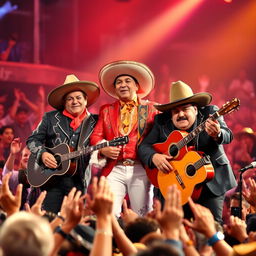 A vibrant and lively scene featuring the legendary Mexican musicians Ariel Camacho, Valentín Elizalde, and Chalino Sánchez gathered together on stage, performing in front of an energetic crowd