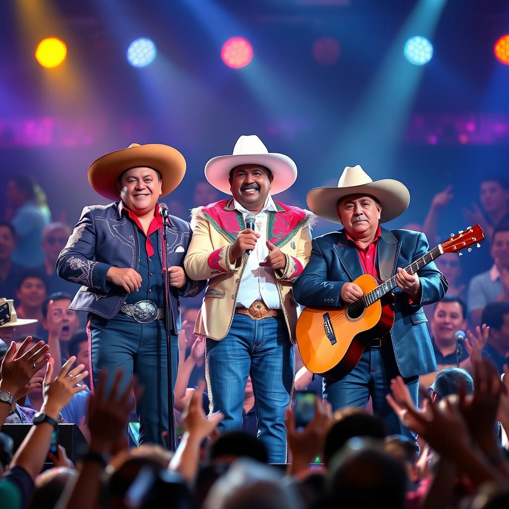 A vibrant and lively scene featuring the legendary Mexican musicians Ariel Camacho, Valentín Elizalde, and Chalino Sánchez gathered together on stage, performing in front of an energetic crowd