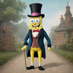 Spongebob Squarepants depicted in an 1830s milieu, donning a tall hat and frock coat, typical of the Victorian era, while passing his day in a historic, 19th-century version of Bikini Bottom.