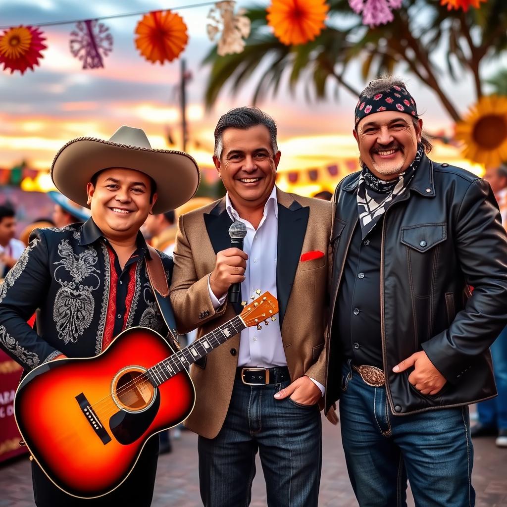 A vibrant and lively scene featuring three iconic figures of regional Mexican music: Ariel Camacho, Valentín Elizalde, and Chalino Sánchez, captured in a festive outdoor setting, celebrating with mariachi music in the background