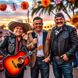 A vibrant and lively scene featuring three iconic figures of regional Mexican music: Ariel Camacho, Valentín Elizalde, and Chalino Sánchez, captured in a festive outdoor setting, celebrating with mariachi music in the background