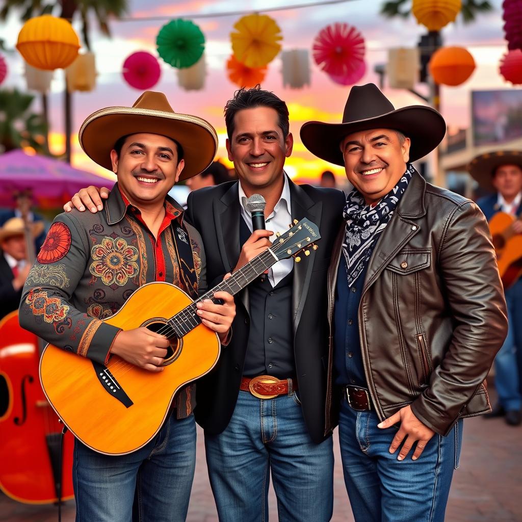 A vibrant and lively scene featuring three iconic figures of regional Mexican music: Ariel Camacho, Valentín Elizalde, and Chalino Sánchez, captured in a festive outdoor setting, celebrating with mariachi music in the background