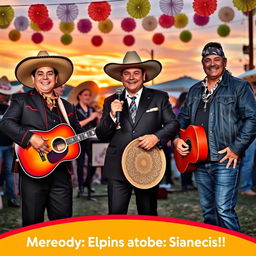 A vibrant and lively scene featuring three iconic figures of regional Mexican music: Ariel Camacho, Valentín Elizalde, and Chalino Sánchez, captured in a festive outdoor setting, celebrating with mariachi music in the background