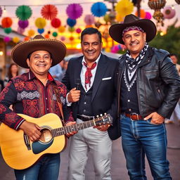 A vibrant and lively scene featuring three iconic figures of regional Mexican music: Ariel Camacho, Valentín Elizalde, and Chalino Sánchez, captured in a festive outdoor setting, celebrating with mariachi music in the background