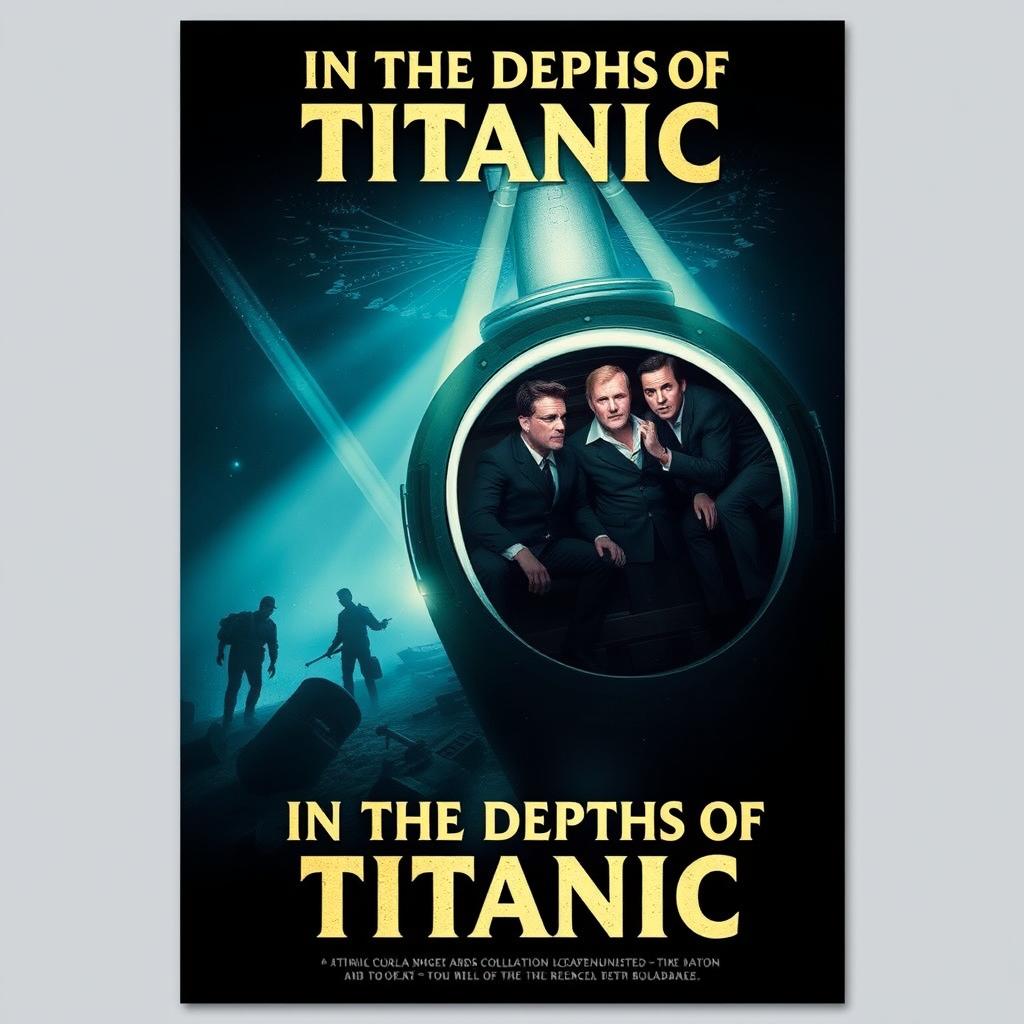 A movie poster titled 'In the Depths of Titanic' featuring five male explorers inside a submarine exploring the wreckage of the Titanic